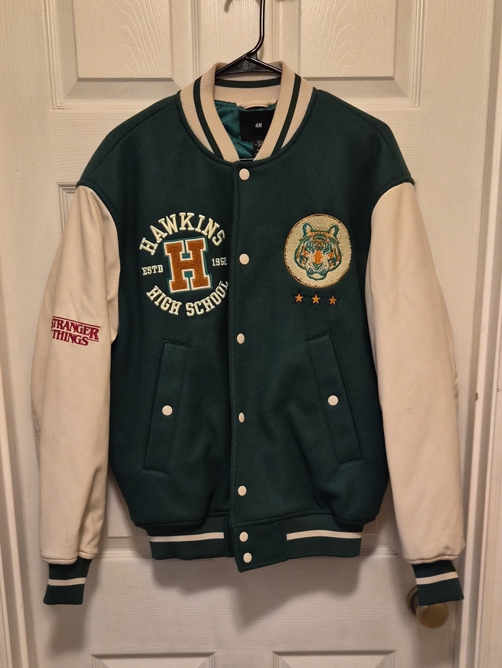 H&M Green and Cream Hawkins High Varsity Bomber Jacket